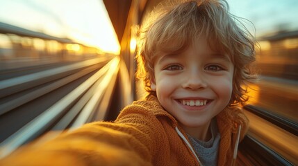 A young boy smiles brightly as he takes a selfie from a train window. The setting sun creates a warm glow, and the motion blur of the passing scenery adds a dynamic element to the image.