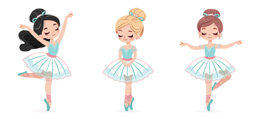 Set of different pretty ballerina in blue and pink dress dancing on white background. Poster, Banner, Flyer, Greeting Card. Vector illustration in flat cartoon style © Marta Vitek