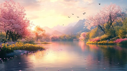 A peaceful riverside with blooming spring flowers, their vibrant colors reflecting in the gentle water as birds fly overhead