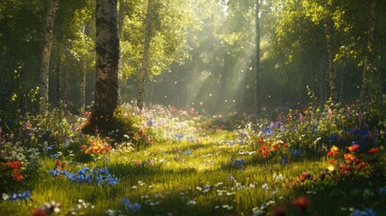 Obraz premium A peaceful spring forest filled with blooming wildflowers and a soft breeze rustling through the new leaves