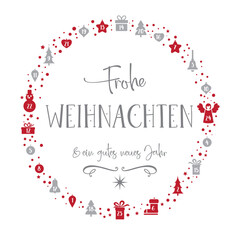 Adventskalender - Grußkarte mit deutschem Text und verschiedenen Weihnachtsmotiven - rot und silber