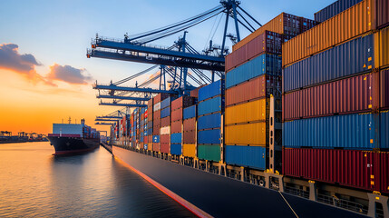 Naklejka premium Stacked Shipping Containers and Cargo Ship at Sunset in Industrial Port