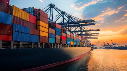 Naklejka premium Stacked Shipping Containers and Cargo Ship at Sunset in Industrial Port