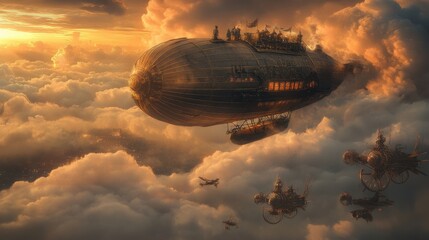 Naklejka premium Airship Adventure: A majestic airship gliding through the clouds,