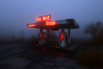 Creepy gas station with "Do not stop" neon sign and surround by mist.