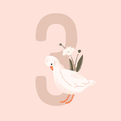 Birthday number three with cute goose and flowers. Hand-drawn vector illustration.