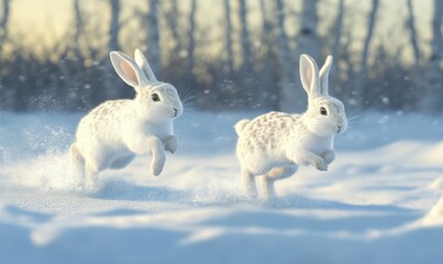 Obraz premium Two white rabbits running through snow.