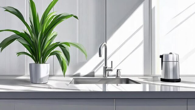 A potted plant sits on a countertop next to a kitchen sink and a kettle, with sunlight streaming through the window