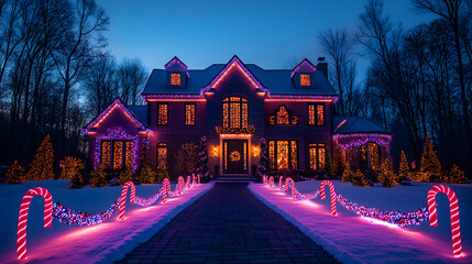 Detailed photography capturing a house festooned with colorful Christmas lights, intricate garlands, and illuminated candy canes lining the driveway, creating a lively and inviting scene.
