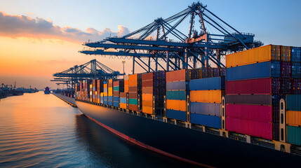 Naklejka premium Stacked Shipping Containers and Cargo Ship at Sunset in Industrial Port