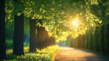 Obraz premium A row of trees with fresh green leaves lining a park path, sunlight filtering through the spring foliage