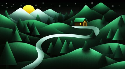 Obraz premium Snowy Landscape with Winding Path and Cabin