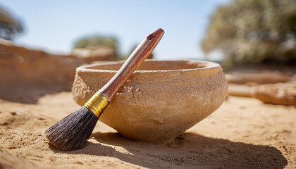 Brush and ancient ceramic bowl in sandy soil. Archaeology site.