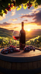 Vineyard sunset with wine and grapes