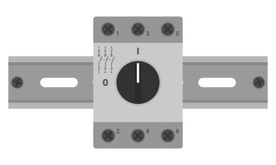 Disconnect switch with black handle mounted on a DIN rail. Vector illustration in flat style