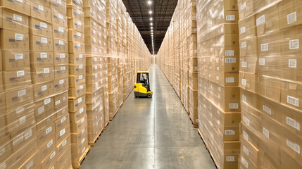 Warehouse interior with stacks of boxes and a forklift in operation during daylight hours