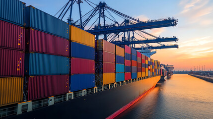 Naklejka premium Stacked Shipping Containers and Cargo Ship at Sunset in Industrial Port