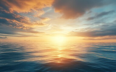 Sunset over the ocean with calm waves and a clear horizon.