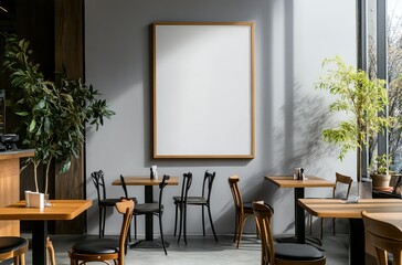 Modern minimalist cafe interior with blank wall and elegant furniture design