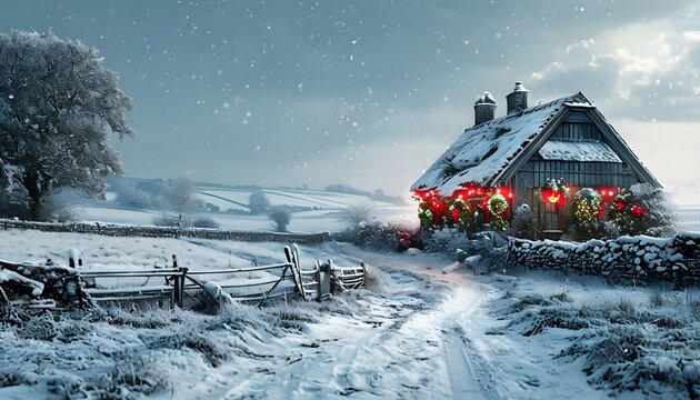 Snowy Christmas landscape. Generative AI.