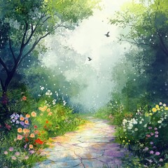 Fototapeta premium Serene forest path with flowers and trees, illuminated by soft light.