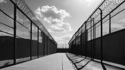 Widok na korytarz w więzieniu pokazuje długi dziedziniec otoczony wysokimi ogrodzeniami. 