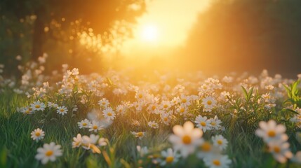 A spring meadow with light mist hovering over blooming flowers and fresh green grass, with the sun rising in the background
