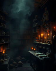 a room with a lot of candles and skulls on the table and books on the shelves and a window, Dirk Crabeth, gothic art, arcane, a still life