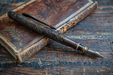 Elegant fountain pen is resting on an antique book on a wooden table, evoking a sense of nostalgia and the art of writing