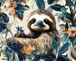 Naklejka premium Illustration of a sloth resting among green plants, symbolizing relaxation and slow living