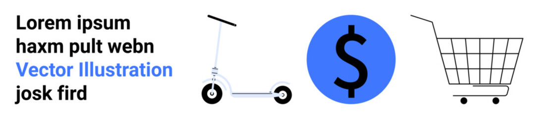 E-scooter, blue dollar symbol, shopping cart on neutral backdrop. Ideal for e-commerce, finance, mobility, digital shopping, retail marketing, startup promotions, transportation themes. Banner