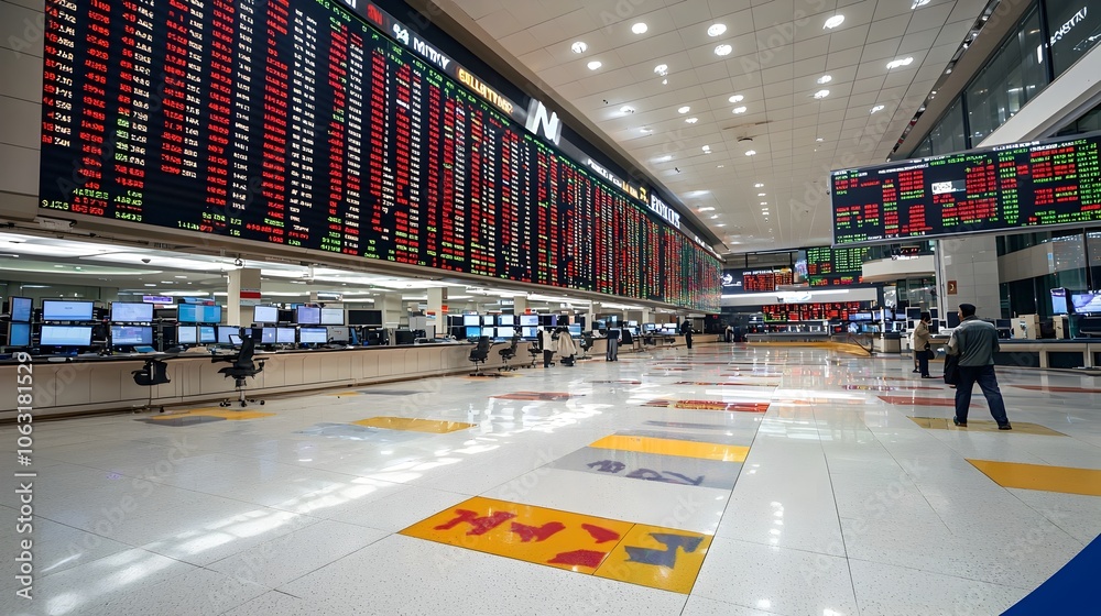 Poster digital exchange board showcasing global financial market trading statistics and economic growth tre