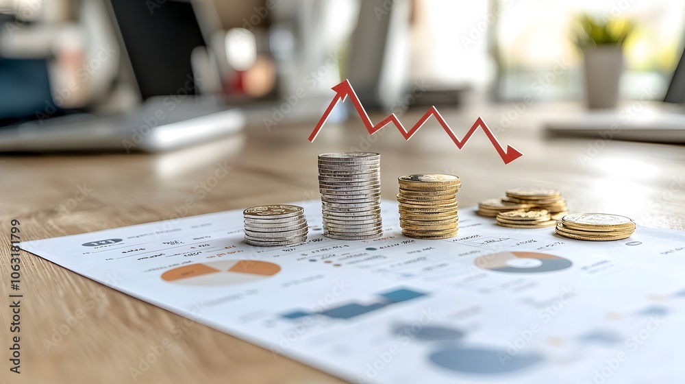 Poster wealth growth and financial success with gold coins bars and analytical charts displayed on a profes