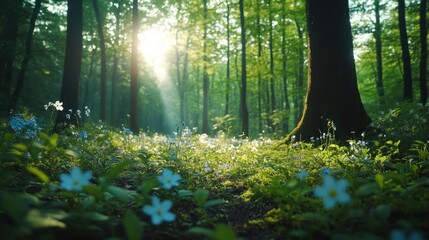 Obraz premium A tranquil spring forest with fresh green leaves and wildflowers blooming along the forest floor