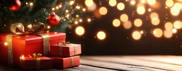 Red christmas presents with golden ribbon and blurred lights