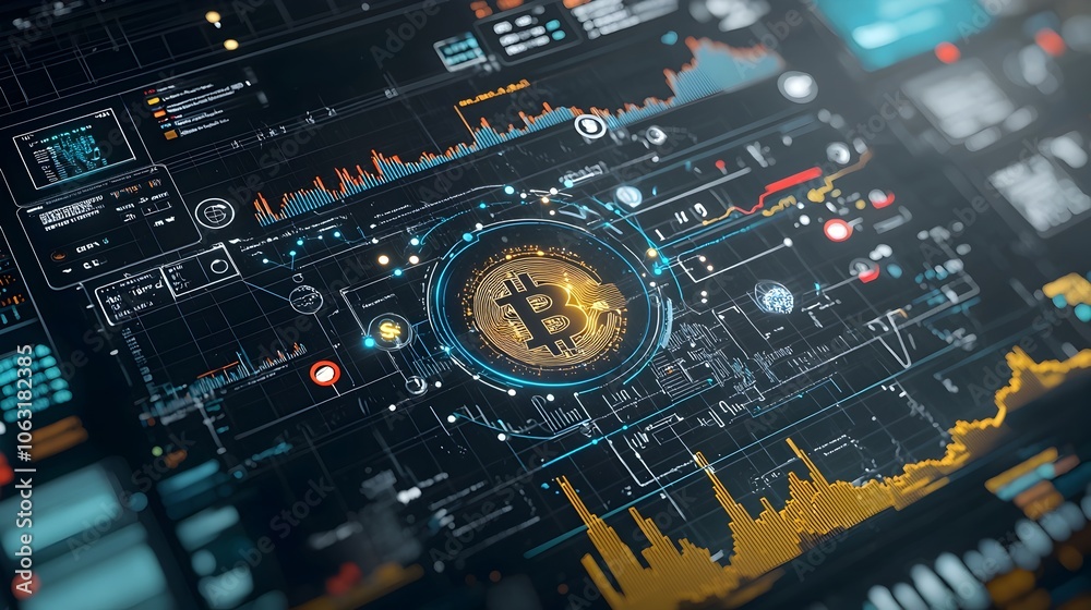 Fototapete Digital graph visualization showing a rising cryptocurrency trend with abstract geometric design elements in the background representing the growth and success of the financial technology industry