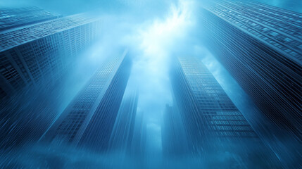 View of towering skyscrapers reaching into a cloudy blue sky on a misty urban morning
