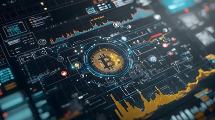 Digital graph visualization showing a rising cryptocurrency trend with abstract geometric design elements in the background representing the growth and success of the financial technology industry
