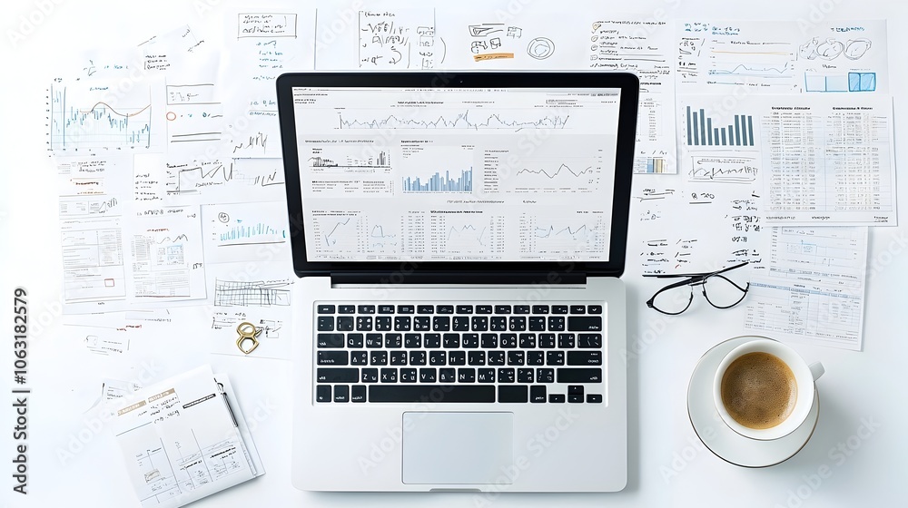 Aufkleber laptop displaying detailed financial analysis and data on screen with a cup of coffee and calculator