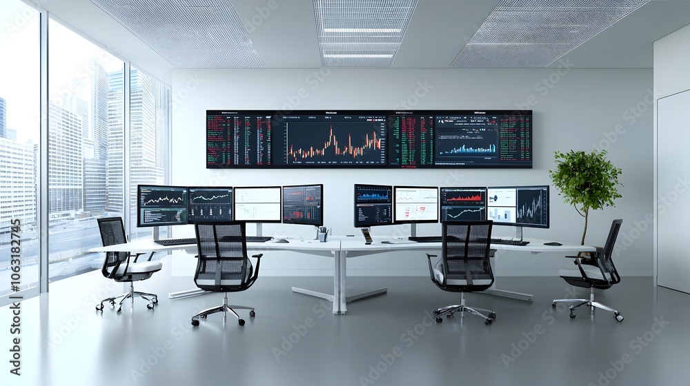 Aufkleber Sleek and sophisticated financial office setting with various computers and screens showcasing detailed market analyses and data visualizations
