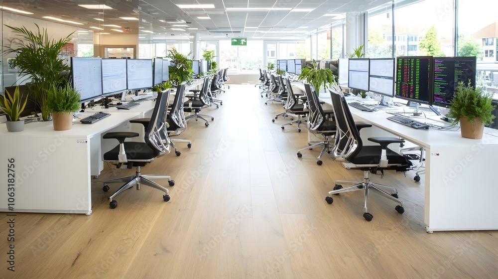 Aufkleber Sophisticated Financial Office Setting with Computers Displaying Various Market Data Analyses and Visualizations for Business and Investment Purposes