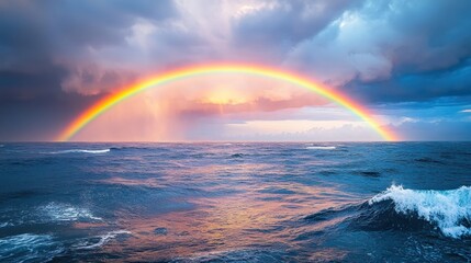 A vivid rainbow over a stormy sea, with dark clouds and crashing waves creating a dramatic scene