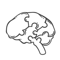 Human brain from puzzle pieces line icon. Outline hand drawn cognitive parts of memory and mind, problem of autism and dementia. Mental health, psychology mascot, brain jigsaw icon vector illustration