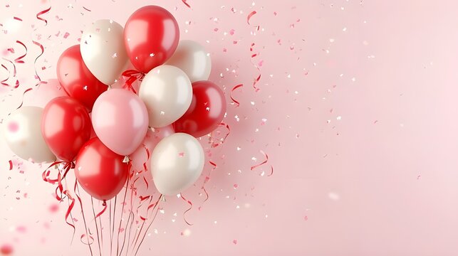 Colorful Balloons Tied with Red Ribbons.