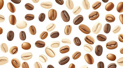 Obraz premium A seamless pattern of coffee beans in various shades of brown against a white background.