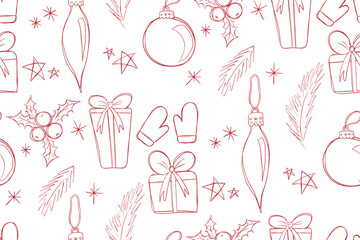 A New Year pattern in the style of a sketch with gifts and Christmas tree toys. Vector illustration
