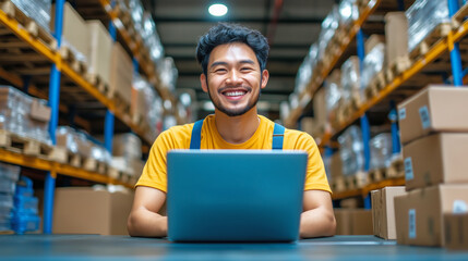 Young man using a laptop while smiling in a busy warehouse during daytime work hours