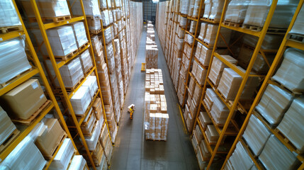 Obraz premium Inside a busy warehouse filled with stacked pallets and organized storage during the day
