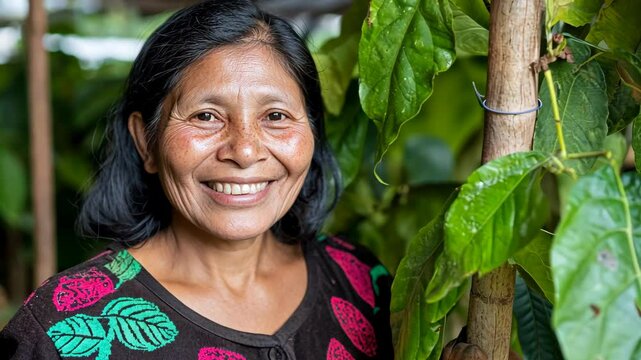 A woman smiles while standing near a cacao plant in a lush green forest