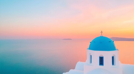 Obraz premium Peaceful sunset over the traditional white houses and blue domed roofs of the picturesque island of Santorini Greece overlooking the tranquil Mediterranean sea